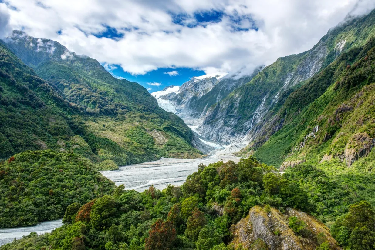 Franz Josef Glacier — ice coming down through West Coast rainforest