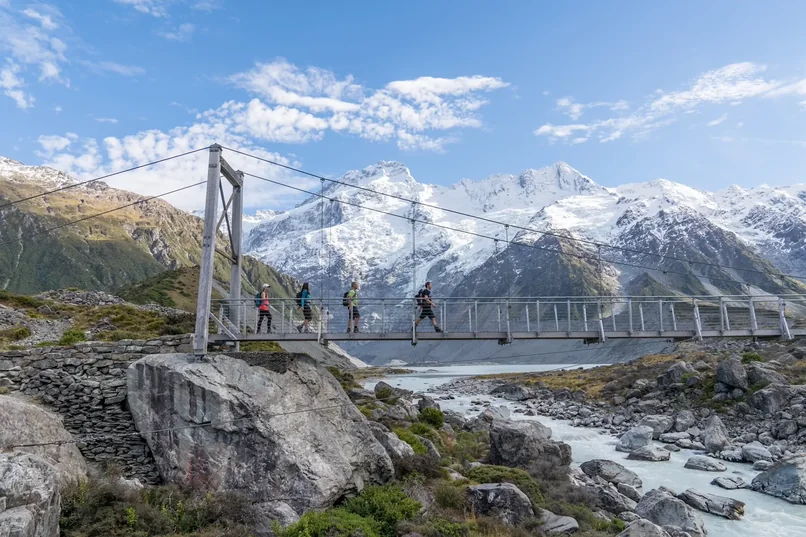 Walkers on the Hooker Valley swing bridge, Aoraki / Mount Cook
