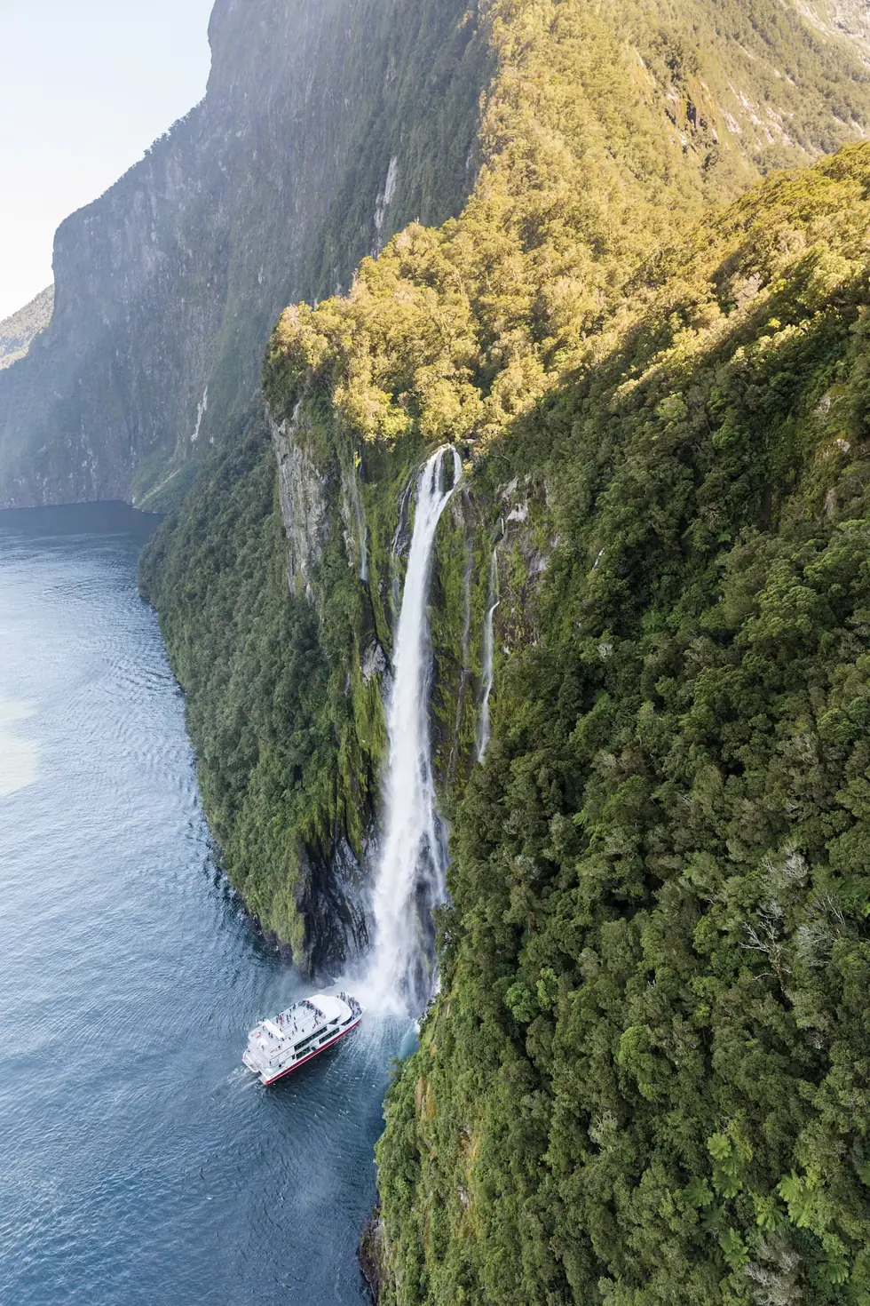 The boats nose in under the spray