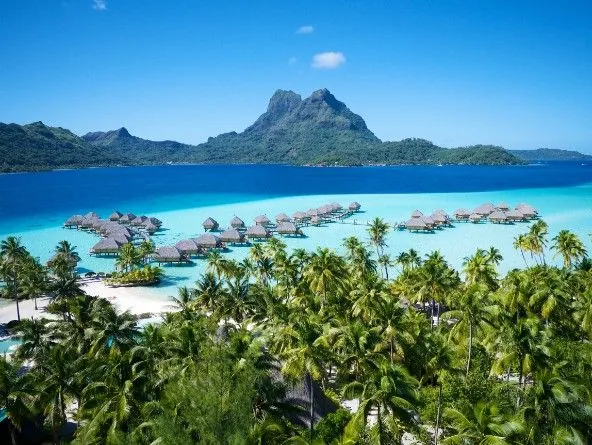Overwater bungalows and the lagoon at Bora Bora