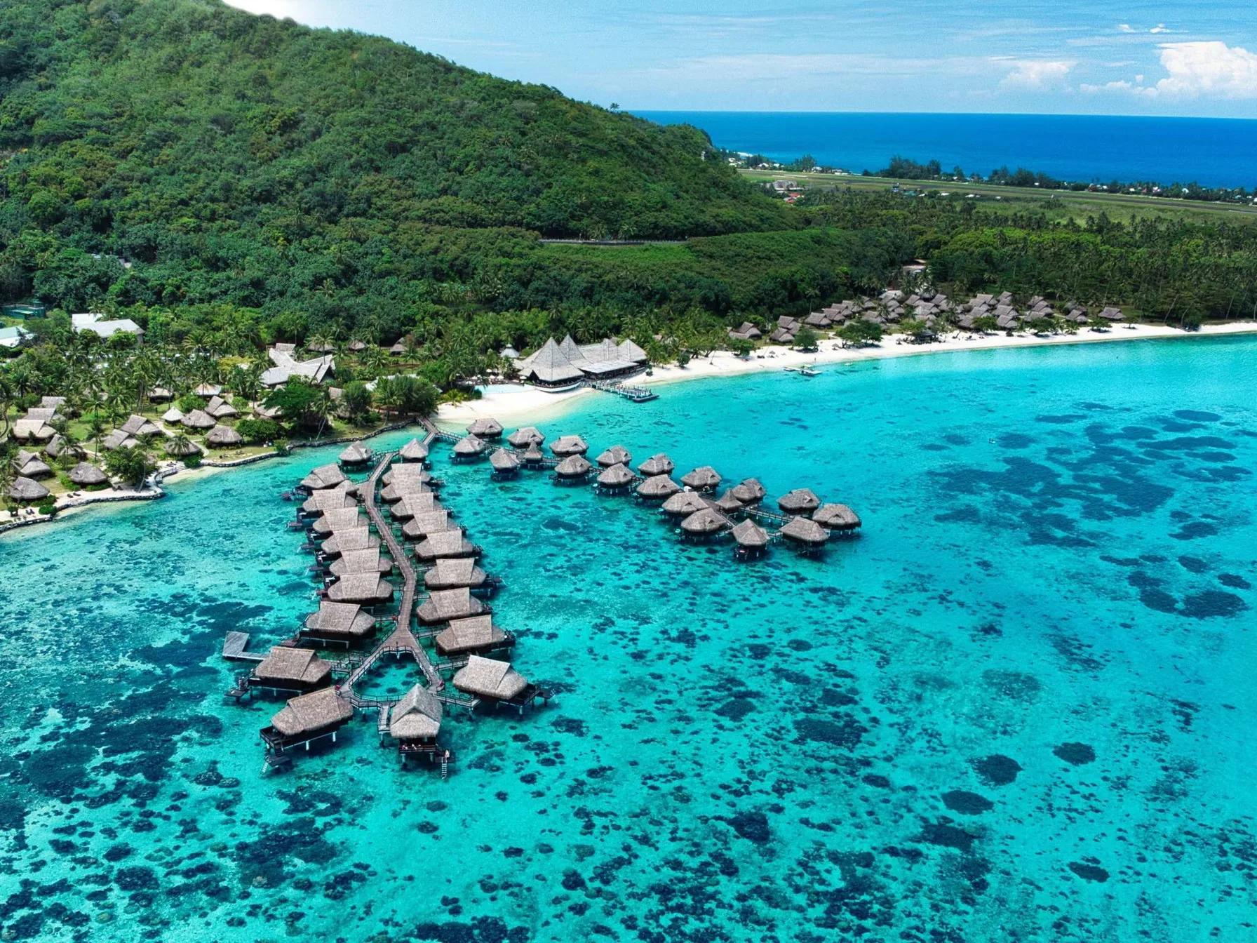 Sofitel Kia Ora Moorea Beach Resort from the air, on Temae Beach