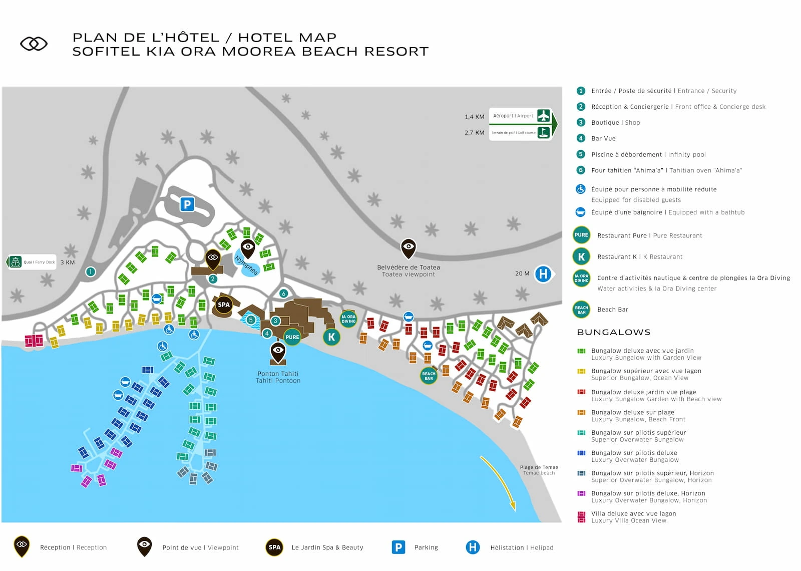 Hotel map of Sofitel Kia Ora Moorea Beach Resort, showing garden villas, beach bungalows and overwater bungalows
